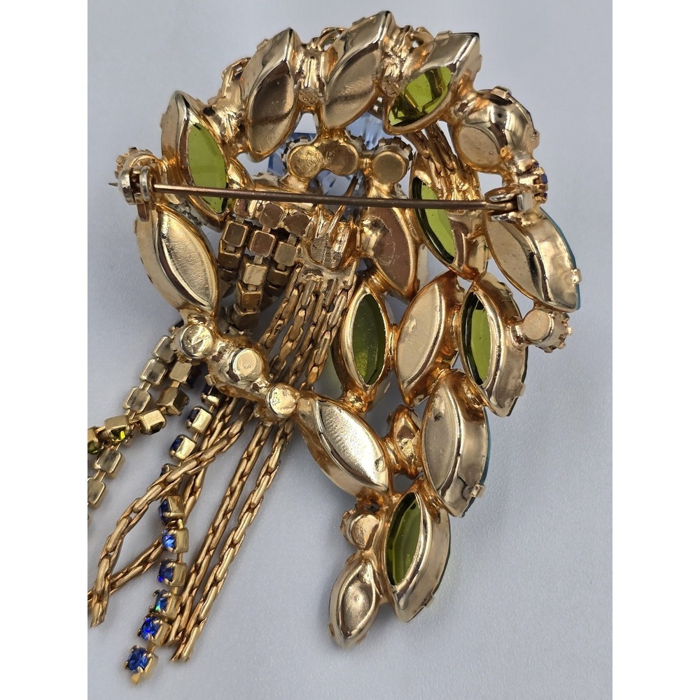 Vintage Mid-Century Blue‎ & Olive Green Rhinestone Cascade Brooch Pin 3" - Picture 8 of 12